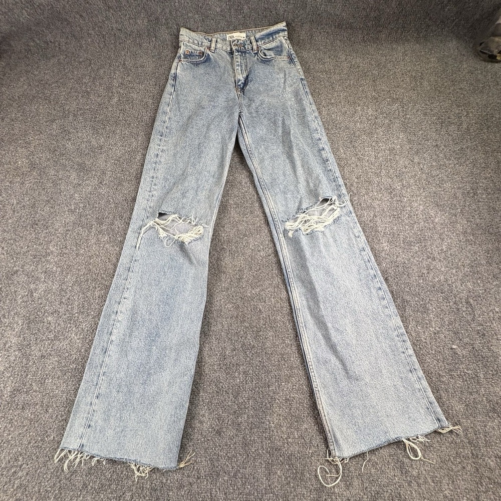 Zara Jeans Women's 2 Blue Ripped Distressed Raw Hem Wide Leg Grunge Y2K 28x33.5